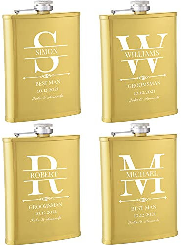 4 Pieces Personalised Hip Flasks for Groomsmen Gifts, 8oz Engraved Alcohol Flasks for Wedding, Customised Whisky Hip Flask for Bachelor Stag Party, Father of The Bride Gifts (Gold)