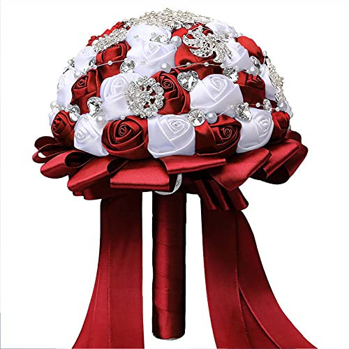 YFFS Fleurs Artificielles Bouquet De Mariée,Bride Bouquet Roses en Cristal Bouquet De Mariage en Mariée en Mariée, Bouquets De Mariage Centres De Table Home Party Décor Floral (Blanc Rouge foncé)