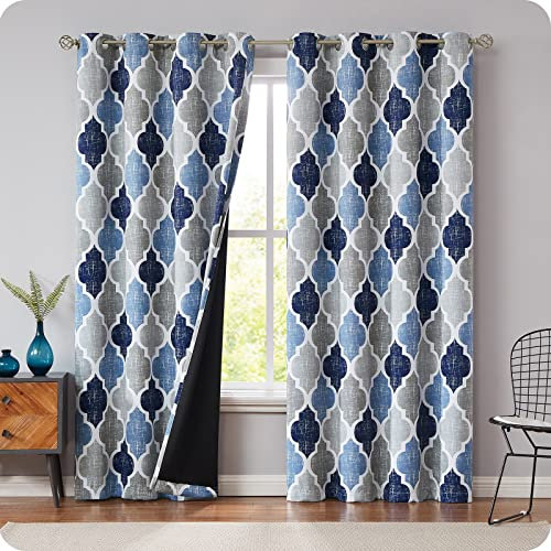 Beauoop Blau Grau Blickdicht Vorhänge für Wohnzimmer Rautenmuster Verdunklungsvorhang Marokkanisch Geometrisch Abdunkelnd Vorhang Gardinen für Schlafzimmer 2er Set, 130 x 245 cm (H x B)
