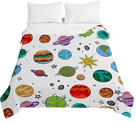 Chickwin Child Quilt Bed Throws Cotton Filling Duvet, Universe Space Printed Microfiber Lightweight Comforter - Reversible Quilted Bedspreads Embossed Coverlets for All Season (100x150cm,white planet)