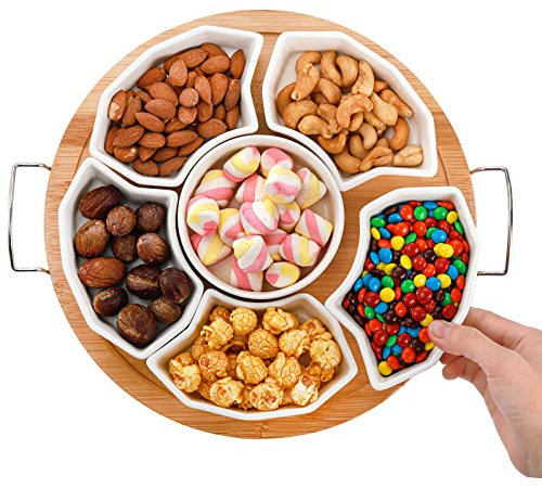 ZENFUN 28,5 cm Geteiltes Keramikgeschirr mit Bambustablett, 6-Fachiges Vorspeisentablett, Herausnehmbare Snackschalen, Runde Servierplatte für Süßigkeiten und Nüsse, Früchte, Gewürze, Party