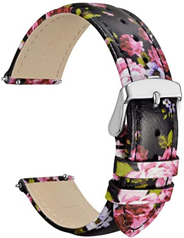 WOCCI 20mm Blumen Uhrenarmband für Damen, Echtes Leder, Schnellverschluss, Silberne Schnalle (Fuchsia Pfingstrose)