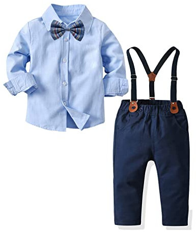 Volunboy Baby Jungen Anzug Set Bekleidung Hemd mit Fliege + Hosenträger Hosen Strampler Anzug(Größe 130,5-6 Jahre,Blau)