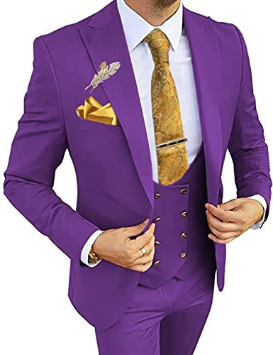 Abiti da uomo 3 pezzi slim fit doppio petto vestito da ballo per gli uomini un bottone giacca giacca pantaloni set abito da sposa, Viola, Taglia Unica