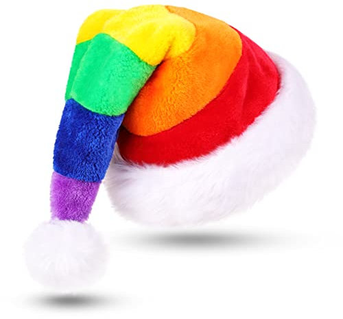 CITÉTOILE Weihnachtsmütze Nikolausmütze für Erwachsene, Dicke Plüschkrempe Weihnachtsmütze für Männer und Frauen, Horizontal gestreifter Regenbogen Weihnachtshut