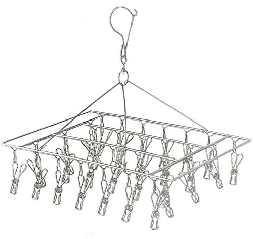 FXDM Metal Sock Hanger, Stainless Steel Drying Rack with 40pcs Pegs and Swivel Hook, Windproof Laundry Metal Square Hanger for Socks, Underwear