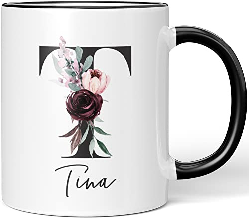 JUNIWORDS Tasse, Tina, Name Anfangsbuchstabe Initial Alphabet Floral Buchstabe T Monogramm Motiv, Schwarz (5606969)