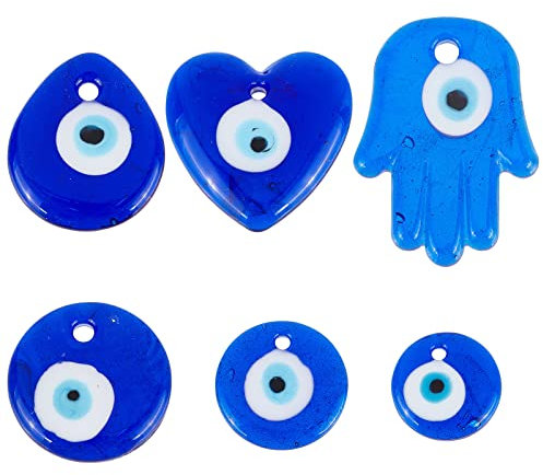 SUNNYCLUE 1 boîte 12 pièces 6 styles Verre Mauvais Œil Breloque au Chalumeau Perle Breloques Bleu Hamsa Main Coeur Amour Breloque pour la Fabrication de Bijoux Breloques Femmes Adultes Bracelet à Bric