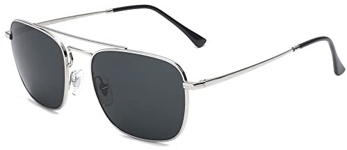 JIM HALO Quadratische Pilotensonnenbrille im Retro-Stil Premium Glass Lens Flat Metal Eyewear Herren Damen (Silber/Grau)