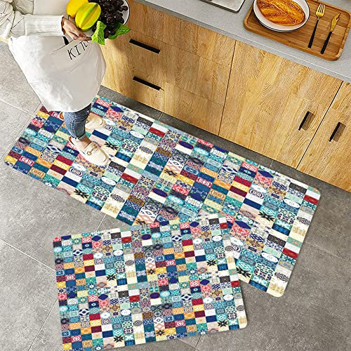 Küchenteppich Teppich Läufer Küchenläufer 2 Stück rutschfest,Marokkanisches, orientalisches Muster mit Patchwork-Ornament-Fliesen im Gitternetz-Stil. A, Waschbar für Flur Küche 40 x 100 cm+40 x 60 cm