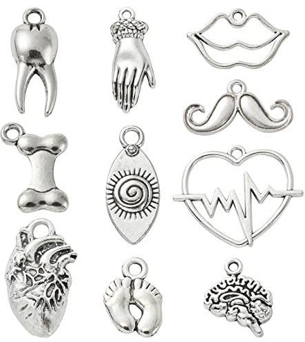 UR URLIFEHALL 100 Pcs 10 Styles Body Theme Charms Antique Silver Baby Feet Hand Lip Tooth Heart Charms for DIY Jewellery Making