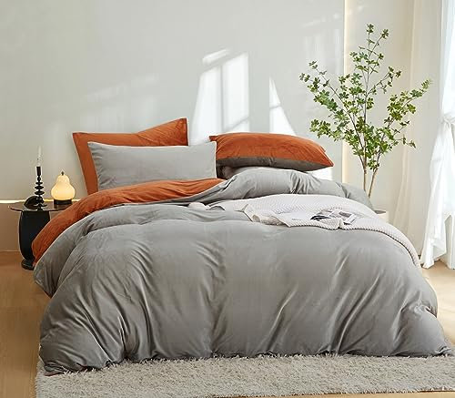 Sedefen Flauschig Bettwäsche 135x200 cm Grau Orange Winter Plüsch Flanell Fleece Wendebettwäsche Set Warme Cashmere Touch Biber Bettbezug mit Reißverschluss und 1 Kissenbezug 80x80cm