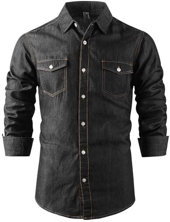 Mens Long Sleeve Denim Shirts Button Down Western Casual Flap Pocket Top 1 Black M