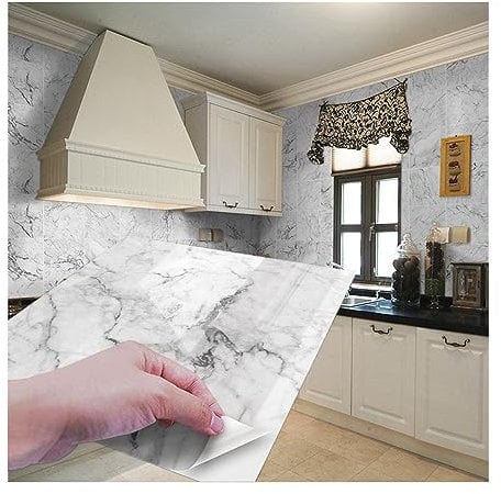 Trafagala Marble White Stick on Tiles 40Pcs, White Tile Stickers Self Adhesive Wall Tiles PET Peel and Stick Wall Glossy Stickers for Kitchen Bathroom