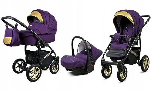 BabyLux® Bambimo Kinderwagen Set 3 in 1 - Gold Lux - incl. Babywanne, Buggy Sportsitz, Auto-Babyschale - Autositz - Kinderwagenset - Kombikinderwagen mit Wickeltasche, Regenschutz usw.