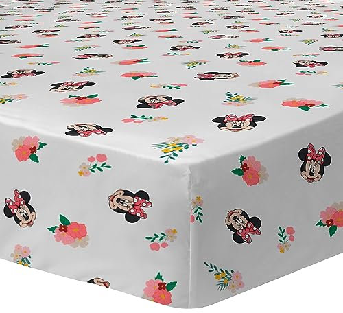 Disney Minnie Flower Kinder Spannbettlaken für Einzelbett | 100% Baumwolle | Oeko-TEX | Spannbetttuch 90x190/200 cm | Wende-Mädchen-Print | Weiß, Rosa