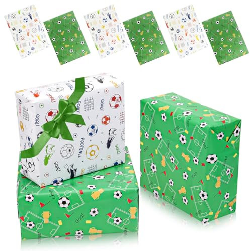 6 Blatt Geschenkpapier Kinder für Fussball Geschenke Jungen Geschenkpapier Geburtstag 70 X 50 cm mit 2 Rollen Band Geliefert für Fussball Deko Geburtstag Kinder Weihnachten Abschlussfeier Kindertag