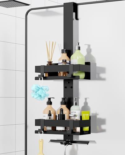 Cooeco Duschablage Ohne Bohren Schwarz Badregal Ohne Bohren Ecke 2 Stück Eckregal Bad mit 2 Zahnbürstenhalter, 1 Seifenhalter, 1 Handtuchhalter und 8 Haken