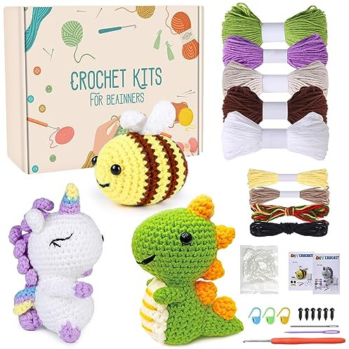 MJARTORIA Häkelset für Anfänger Tiere, Häckeln Stricken für Anfänger Set mit Anleitung Häkelnadeln Garn, Kreativ Strickset Bastelset Erwachsene Kinder Geschenk(gelb weiß grün)