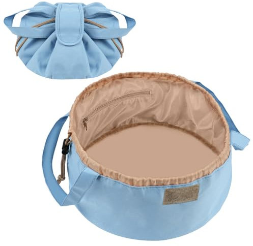 URAQT Borsa Cosmetica da Viaggio, Organizer per Borsa Trucco con Coulisse per Cosmetici, Borsa Trucco Coulisse Pigra, Impermeabile, Portatile, Grande Capacità, per Donne e Ragazze(Blu)