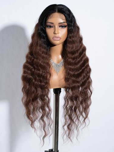 Joedir Brown Perücken für Frauen, lange Ombre Brown Curly Perücke mit dunklen Wurzeln T-Teil Spitze vorne Perücken natürlich aussehende synthetische hitzebeständige Faser Perücke