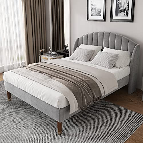 ZUUYEE Polsterbett 160x200 mit Lattenrost und Kopfteil, Jugendbett Doppelbett, Samt Bett 160x200, Grau