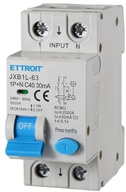 Interruttore Magnetotermico Differenziale 30mA, 1P+N 6KA 220V, Occupa 2 Moduli DIN, RCBO 1P+N 30mA C40 40A
