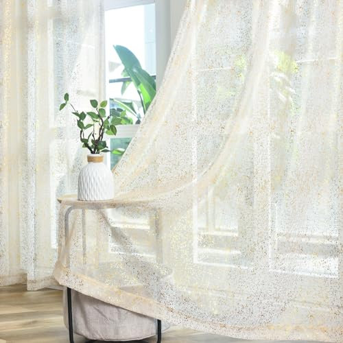 TERLYTEX Durchscheinende Vorhänge, Metallic-Gold, 2 Schals, schimmernd, Taupe/Gold, für Wohnzimmer, Stangendurchzug, Sichtschutz, Lichtfilterung, glitzernde Vorhänge, 132 x 244 cm