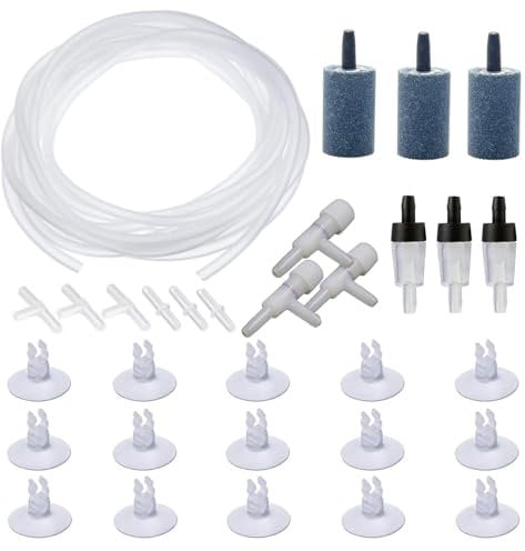 OPDUO 31 Pcs Air Pump Accessories for Fish Tank,16.5 ft Standard Airline Tubing,3 Bubble Release Air Stones,3 Check Valves,15 Suction Cup Clips,3 Air Switch Pump Valve Regulator,6 Connectors