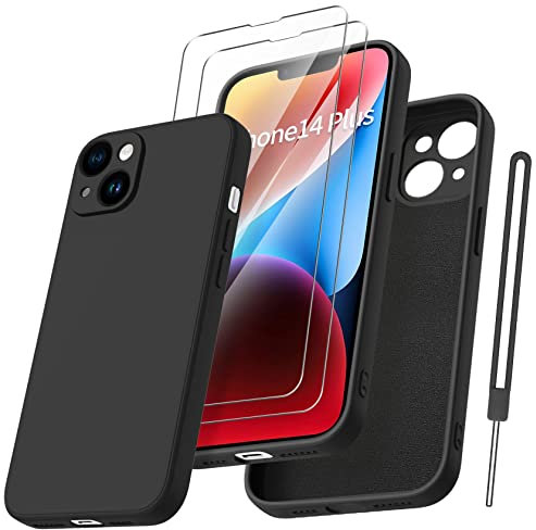Opkiegrn für iPhone 14 Plus Hülle mit 2 Hartglas Schutzfolie, Ultra Dünn Microfiber Silikon Kratzfestes Stoßfest, Kameraschutz Rundumschutz Schutzhüll für iPhone 14 Plus, Schwarz