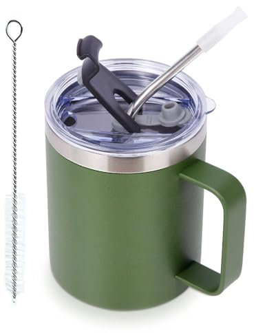 Volhoply 12oz Insulated Leakproof Coffee Mug with Sliding & Straw Lid,Double Wall Vacuum Stainless Steel Travel Tumbler Cup with Handle,Reusable Camping Mugs Keep Cold/Hot(Army Green,1 Set)