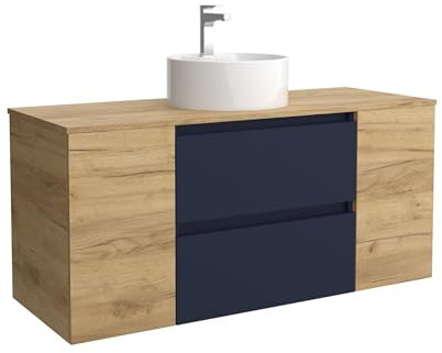 Salgar Mueble de Baño Bequia 120cm + Coqueta 1 Puerta Centrado + Encimera + Lavabo posar| Azul Mate/Roble |120x45x56