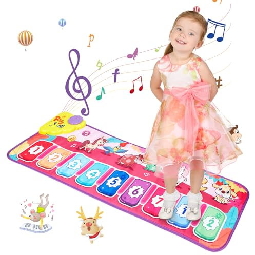 Januts Kids Piano Mat Music Dance Mats Multi-function Touch Play Keyboard Mat with 9 Keys & 8 Animal Sounds Musical Carpet Mat Dancing Toy Educational Musical Instruments Toys for Boys Girls, Pink