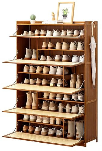 Freistehender Bambus-Schuhschrank mit Klapptüren, Aufbewahrungsschrank, Regal und Schuh-Organizer mit Schublade für Flur, Eingangsbereich, Wohnzimmer (100 x 33 x 145 cm)