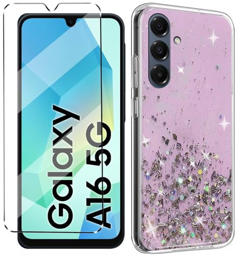 Glitter Bling Coque et 1Pcs Verre trempé Protection Compatible with Samsung Galaxy A16 Coke Coque de Protection étui Housse Etui Protection et protège écran Antichoc,Rose
