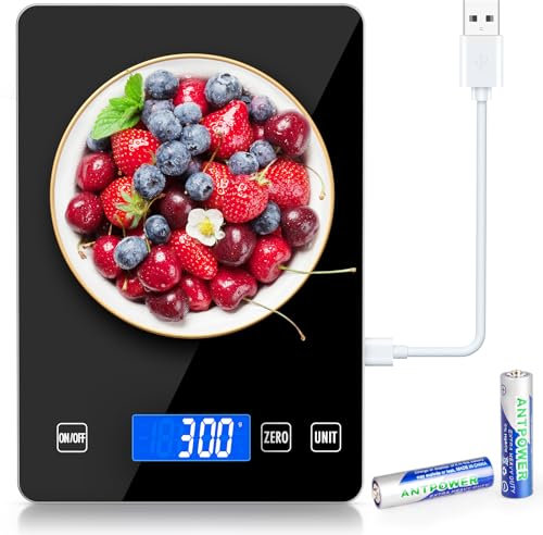15kg/33lb Küchenwaage Digital,Wiederaufladbar Waage küchenwaage mit Großem LCD-Display und Tara-Funktion,Wasserdicht Elektronische Digitalwaage,Hochpräzise 1g, mit Großer Glas Wiegefläche-Schwarz
