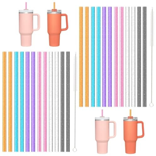 24 Pack Stanley Cup Glitter Straws, Plastic Reusable Straw, 40/30 oz Tumbler Plastic Drinking Straws, Stanley Cup Accessories with 2 Stainless Steel Cleaning Brush