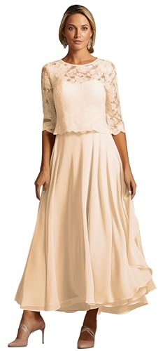 TANPAUL Teelänge Brautmutterkleider Damen Chiffon A-Linie Abendkleid 1/2 Ärmel Festliche Kleider für Hochzeitsgäste