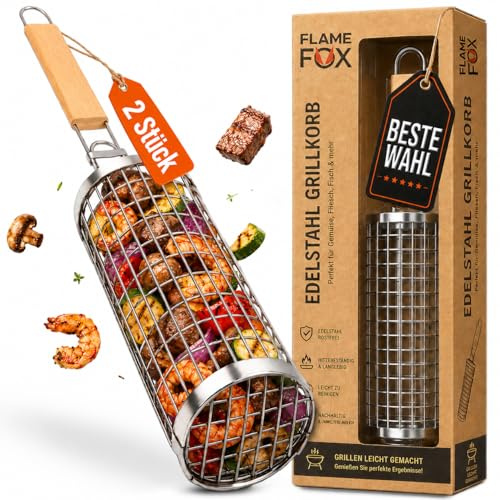 FLAME FOX Rollender Grillkorb Edelstahl 2 Stück – runder Gemüsekorb mit Holzgriff – Grillzubehör für Gemüse, Fleisch, Fisch & Meeresfrüchte – für Gasgrill, Holzkohlegrill, Elektrogrill & Camping