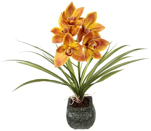 Künstliche Cymbidium-Orchidee 40cm mit Blätter und Luftwurzeln im Topf aus Keramik Blume Kunstorchidee Orchidee Phalaenopsis mit Übertopf Kunstpflanze Hochzeit Deko Seidenblume Real Blüte, orange