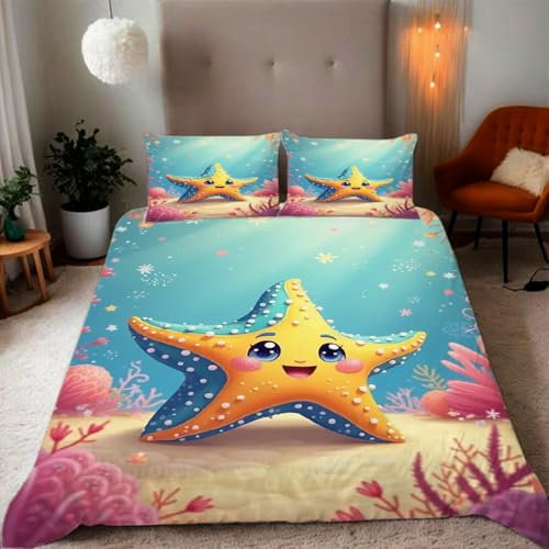 Zbeiba Cartoon-Stern Bettwäsche 135x200,Kinder Mikrofaser Bettbezug mit Reißverschluss und 2 Kissenbezüge(135x200+2 * 80x80,#7