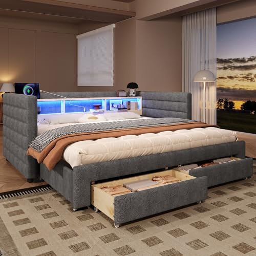 Tagesbett, Daybett, Schlafsofa, 90 × 190 cm, multifunktionales Ausziehbett-Design, USB- + Typ-C-Anschlüsse, mit zwei Schubladen, mehreren Staufächern, LED-Lichtleiste, Ohne Matratze, Samt (Grau)