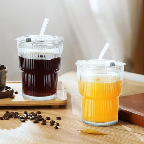 AUAUY 2 PCS Glasses Cups with Lid and Straw, Bamboo-Like Glass Cup (400 ml)