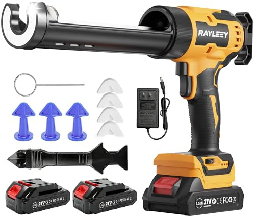 Cordless Caulking Gun with 2 x 2000mAh Batteries, 21V Electric Silicone Sealant Gun with 6 Adjustable Speed & LED Light, Anti-Drip, 9pcs Caulk Remover Tool for Home Sealing,Filling,Installation