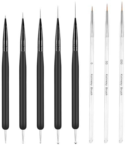 BQMEZRNUS 8Pcs Nail Art Brush Set, 0.4-2cm | Professional fine liner brushes for long lines & thin details, dotting pen included, wooden handle, nail design kit