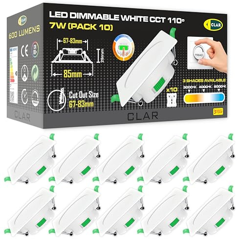 CLAR - Einbaustrahler LED, Deckenstrahler, LED Einbaustrahler 230V, Deckenspots, Spots Dekenleuchte, Badbeleuchtung, Deckenleuchte Dimmbar, Einbauleuchten Quadratisch White 7W CCT (Pack 10)