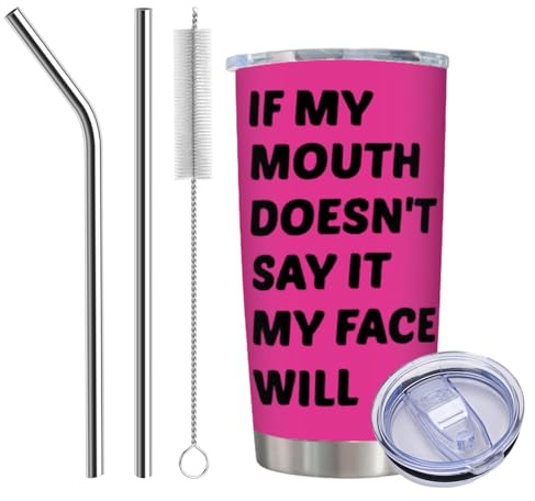 Funny Mug for Women, If My Mouth Doesn’t Say It My Face Will Travel Mug, 20oz Novelty Thermos Cup for Friends Colleagues, Funny Rude Gift for Birthday Christmas