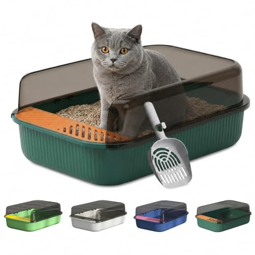PAWSWARE Medium Cat Litter Tray, Semi Enclosed, Retro Green | High Sides Splash Proof Litter Box, Anti Tracking Easy Clean Surface, Includes Scoop