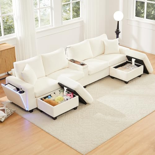 OPODEE U-Form Sofa Wohnlandschaft Cord mit LED & USB, Modulares Sofa Beige mit 2 Freistehender Hockern, Couch mit Leselampe & Getränkehalter, XL Wohnzimmersofa mit Stauraum, 334x128x81 cm