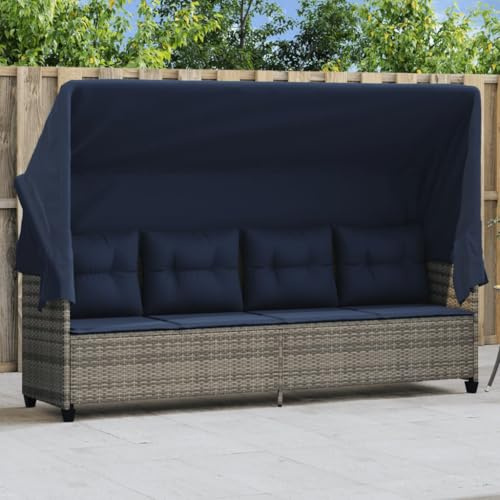 LoogCape Sonnenliege mit Dach und Kissen Grau Poly Rattan, relaxliege wetterfest gepolstert, verstellbar für Garten Balkon Terrasse Pool, ergonomisch mit armlehne und UV Schutz